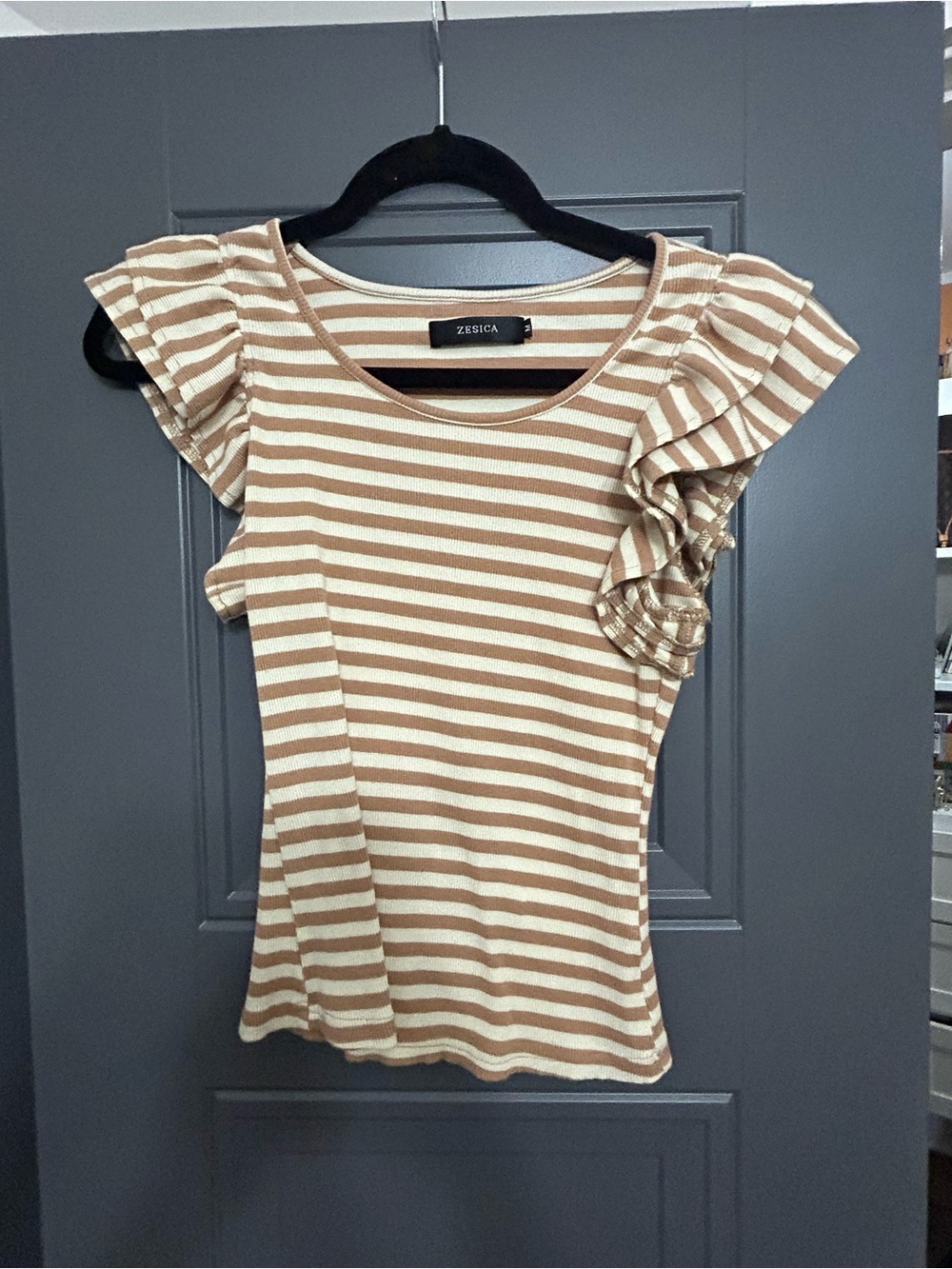 Zesica Beige and Cream Striped Ruffle Sleeve Tank